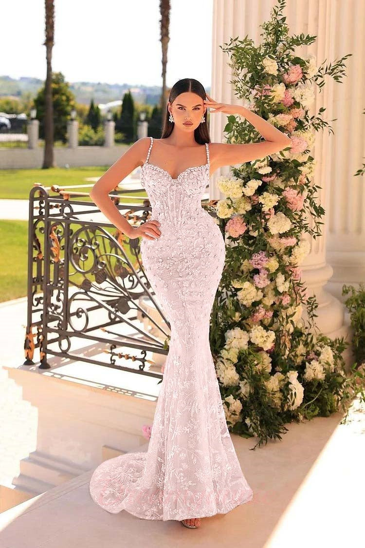 Dreamyannie Mermaid Prom Dress Spaghetti Straps Lace Beading Sleeveless Formal Dress