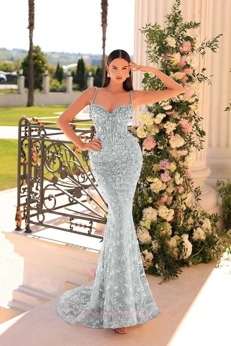 Dreamyannie Mermaid Prom Dress Spaghetti Straps Lace Beading Sleeveless Formal Dress