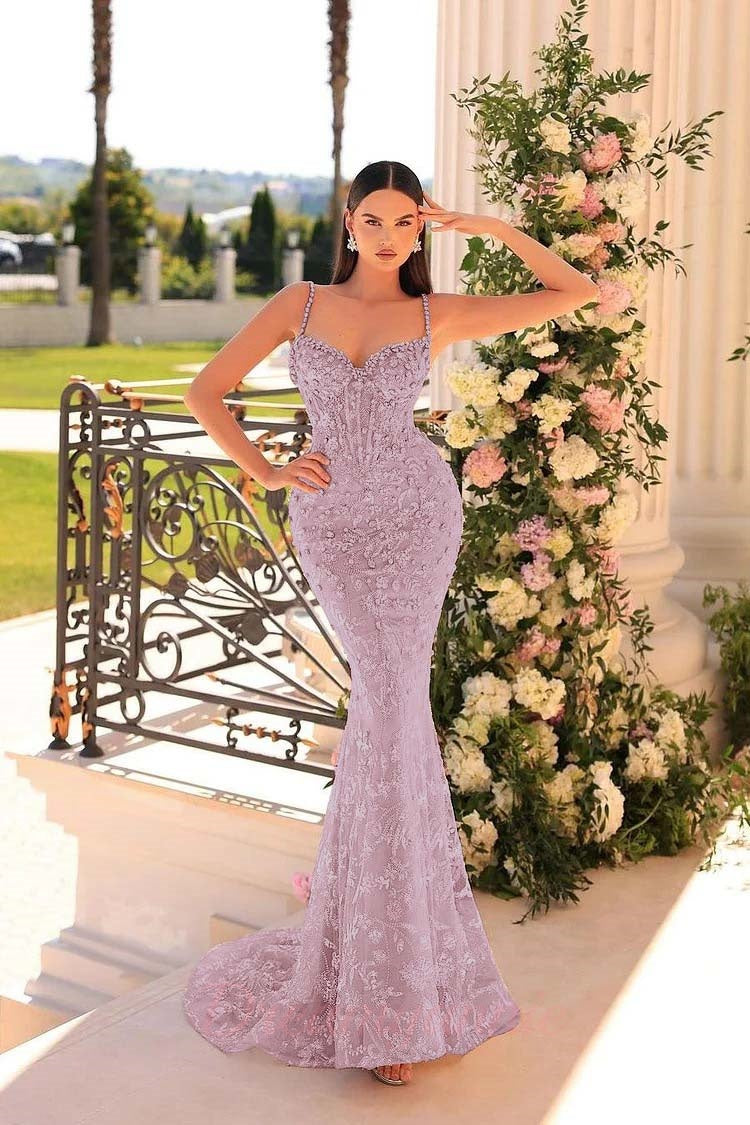 Dreamyannie Mermaid Prom Dress Spaghetti Straps Lace Beading Sleeveless Formal Dress