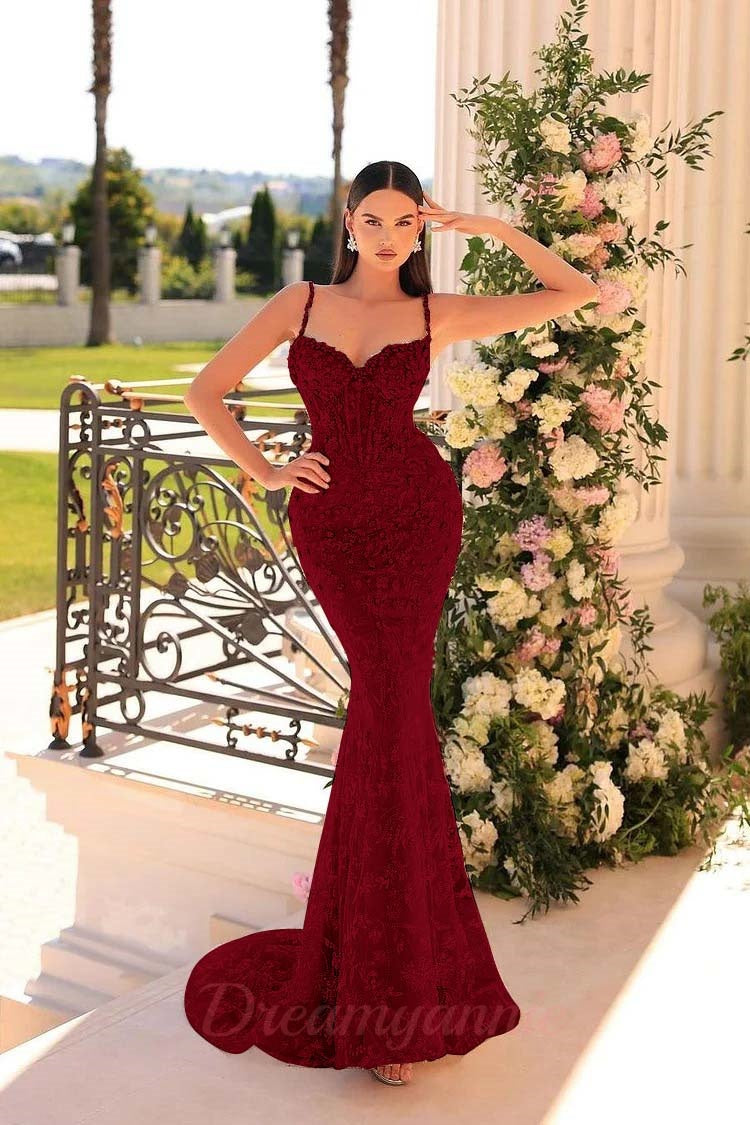 Dreamyannie Mermaid Prom Dress Spaghetti Straps Lace Beading Sleeveless Formal Dress