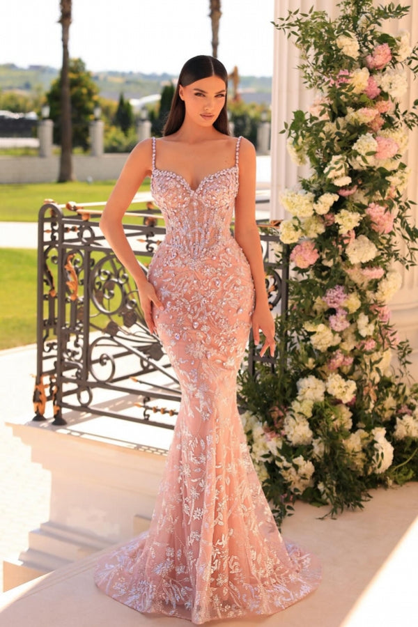 Dreamyannie Mermaid Prom Dress Spaghetti Straps Lace Beading Sleeveless Formal Dress