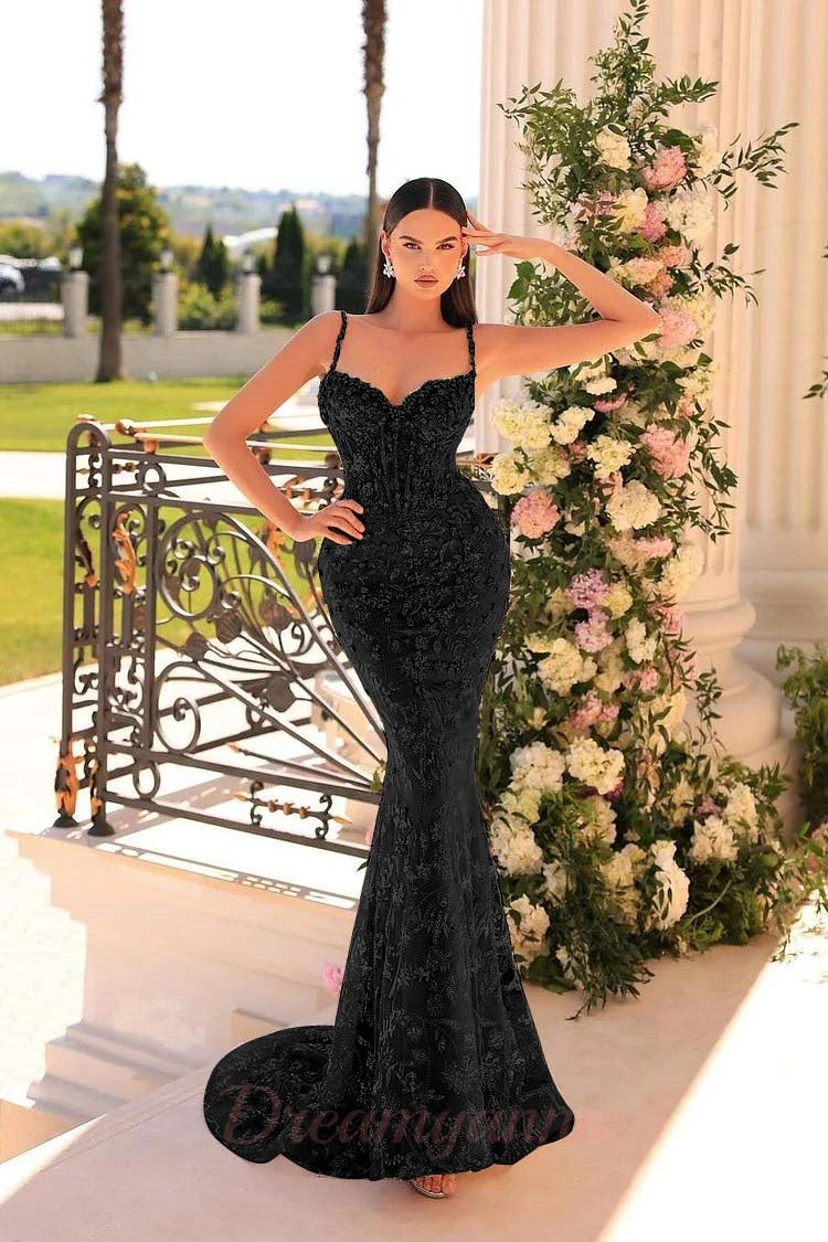 Dreamyannie Mermaid Prom Dress Spaghetti Straps Lace Beading Sleeveless Formal Dress