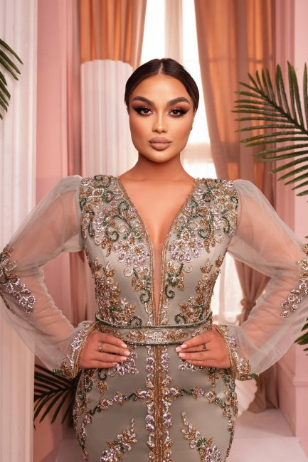 Dreamyannie Mermaid Prom Dress V Neck Tulle Sleeves Embroidery Sweep Train Satin Formal Dress With Slit
