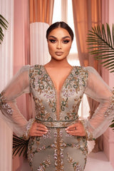 Dreamyannie Mermaid Prom Dress V Neck Tulle Sleeves Embroidery Sweep Train Satin Formal Dress With Slit