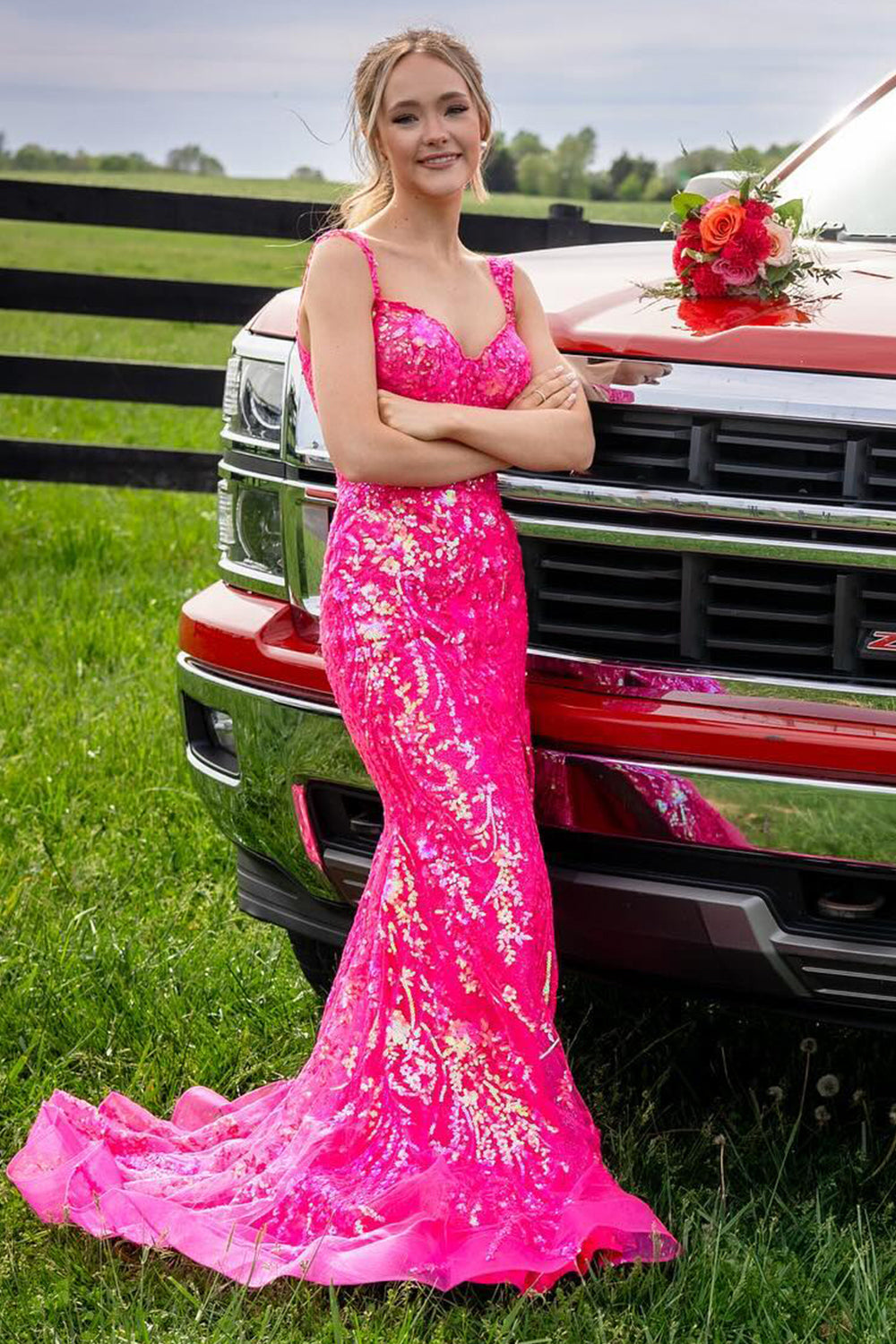 Dreamyannie Mermaid Red Prom Dress Long Appliqued Formal Dress With Slit