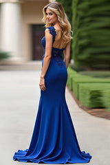 Dreamyannie Mermaid Royal Blue Wedding Guest Dress V-Neck Long Formal Dress With Appliques