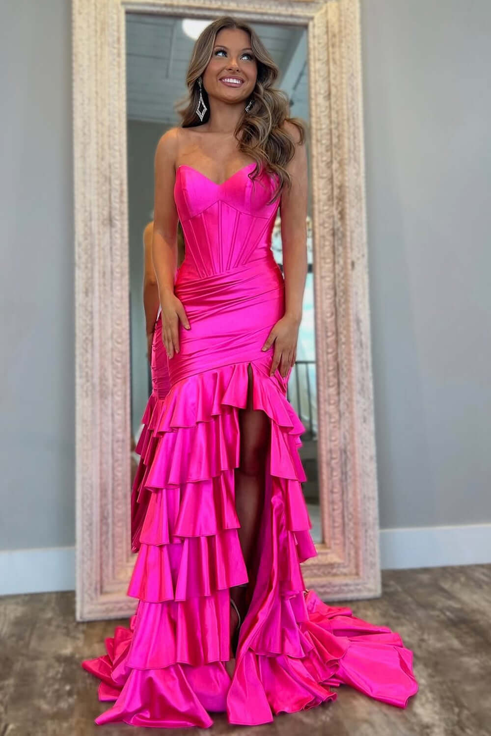 Dreamyannie Light Blue Prom Dress Mermaid Sweetheart Corset Satin Ruffled Long Formal Dress With Slit