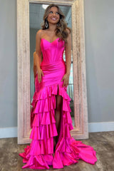 Dreamyannie Light Blue Prom Dress Mermaid Sweetheart Corset Satin Ruffled Long Formal Dress With Slit