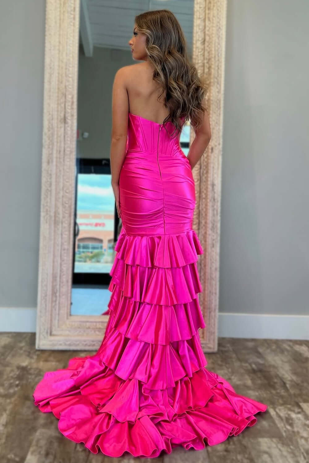 Dreamyannie Light Blue Prom Dress Mermaid Sweetheart Corset Satin Ruffled Long Formal Dress With Slit