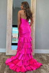 Dreamyannie Light Blue Prom Dress Mermaid Sweetheart Corset Satin Ruffled Long Formal Dress With Slit