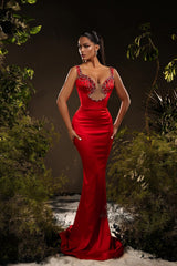 Dreamyannie Mermaid Satin Off The Shoulder Sleeveless Red Prom Dress Evening Dress With Rhinestone