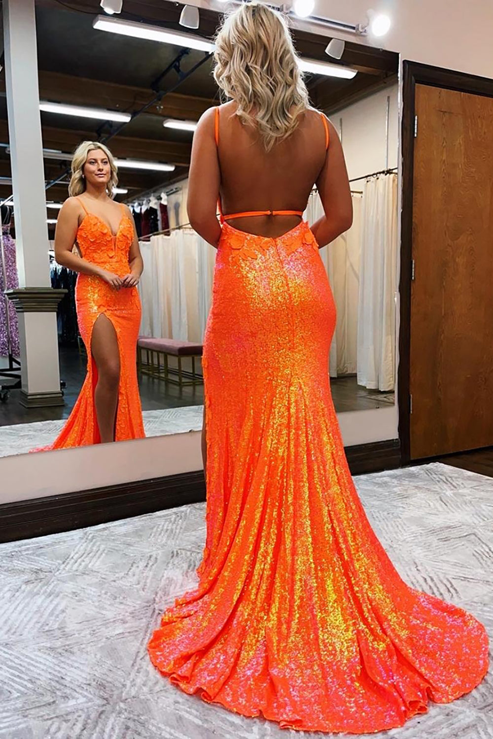 Dreamyannie Mermaid Spaghetti Straps Orange Prom Dress Evening Dress With 3D Flowers