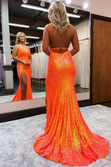 Dreamyannie Mermaid Spaghetti Straps Orange Prom Dress Evening Dress With 3D Flowers
