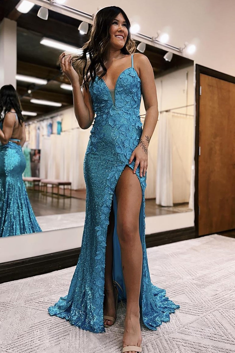 Dreamyannie Mermaid Spaghetti Straps Orange Prom Dress Evening Dress With 3D Flowers