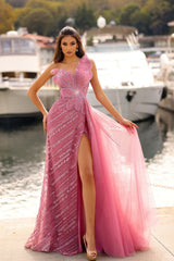 Dreamyannie Mermaid Strapless Sleeveless Sequined Panel Train Tulle Formal Dress With Silt