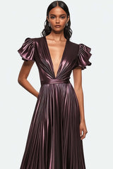 Dreamyannie Metallic Dusty Purple Wedding Guest Dress V-Neck Pleated Satin Formal Dress