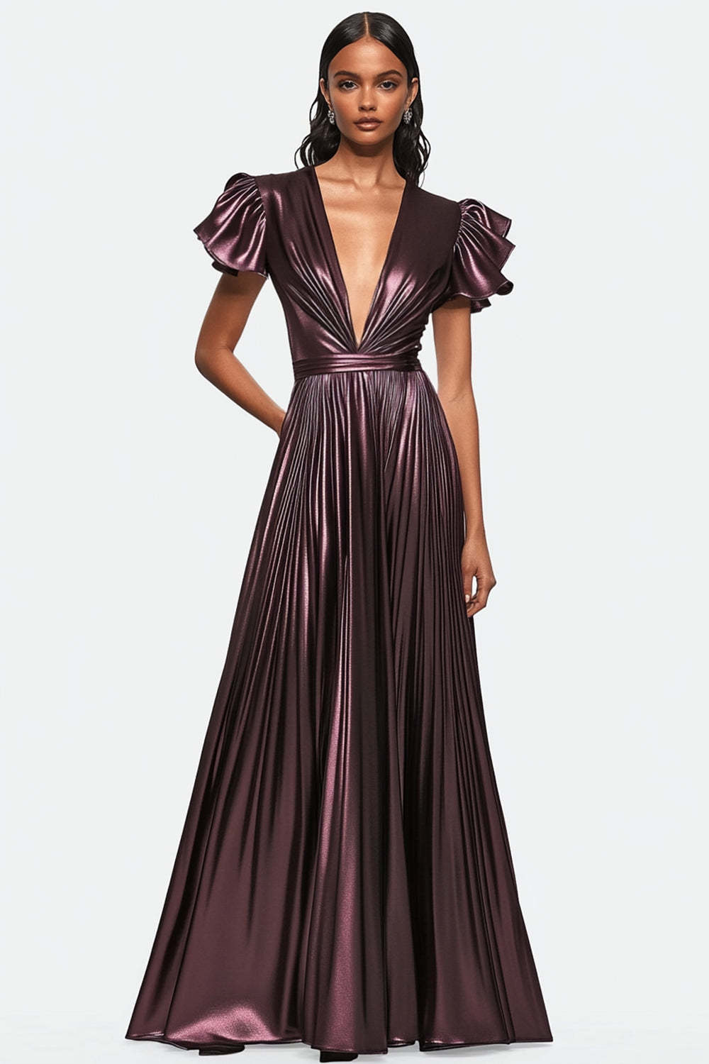 Dreamyannie Metallic Dusty Purple Wedding Guest Dress V-Neck Pleated Satin Formal Dress