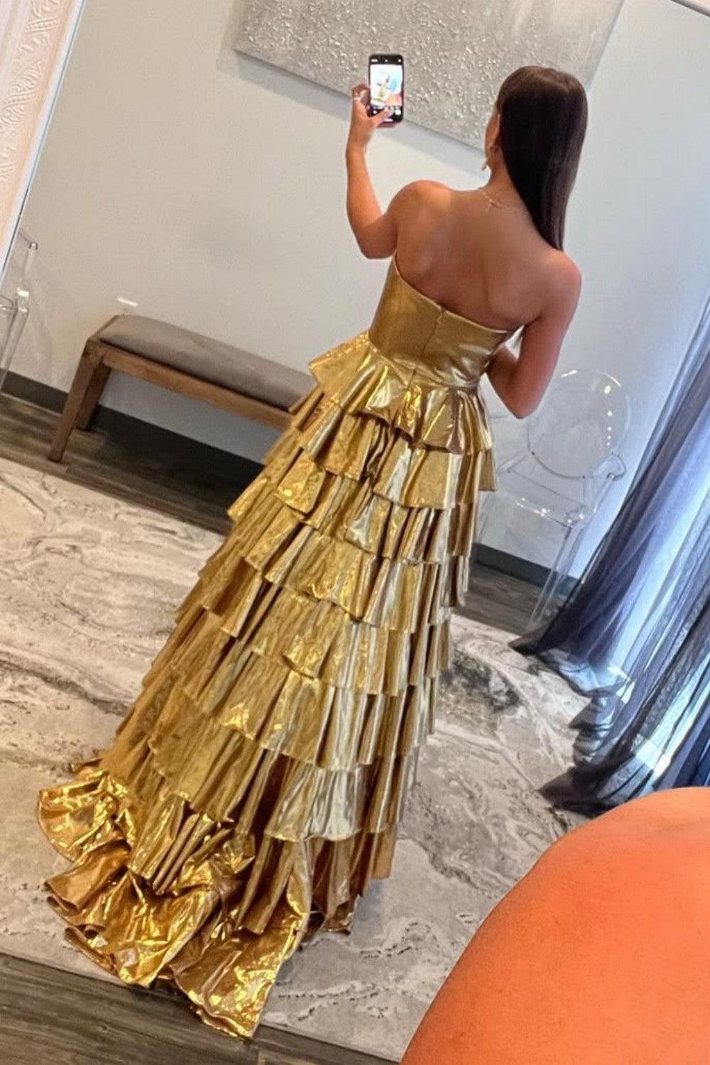 Dreamyannie Metallic Gold A-Line Sweetheart Long Tiered Ruffle Prom Gown Formal Evening Gown