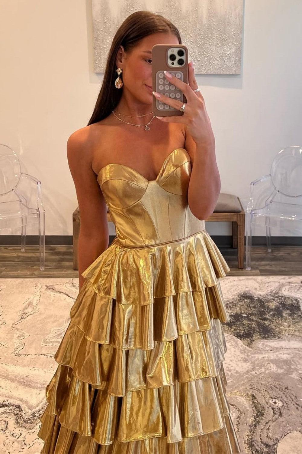Dreamyannie Metallic Gold A-Line Sweetheart Long Tiered Ruffle Prom Gown Formal Evening Gown
