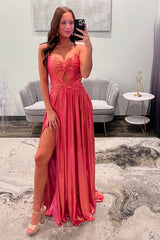 Dreamyannie Metallic Orange Prom Dress A Line Spaghetti Straps Formal Dress