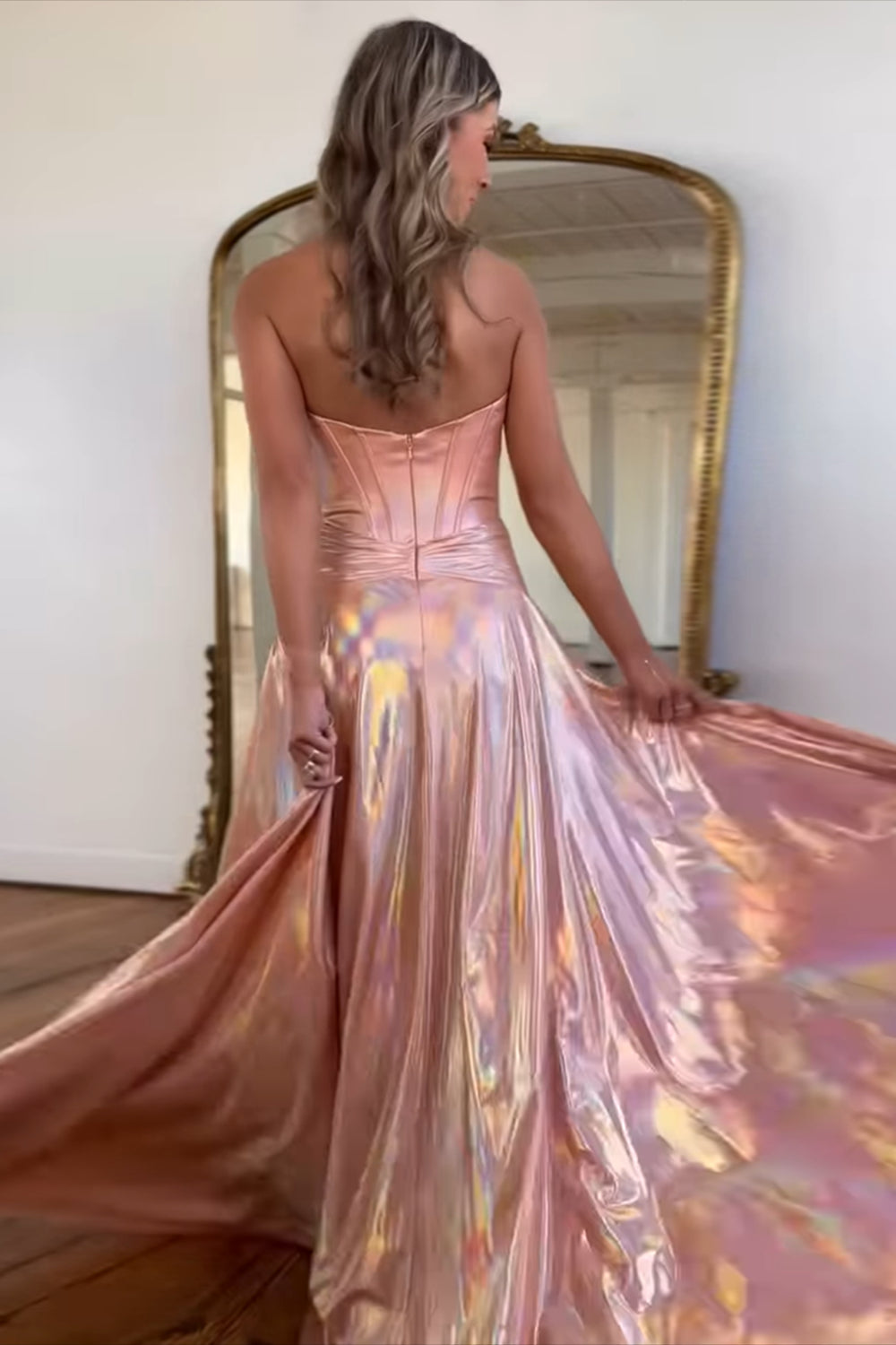 Dreamyannie Metallic Pink Prom Dress Sweetheart Long Formal Dress With Slit
