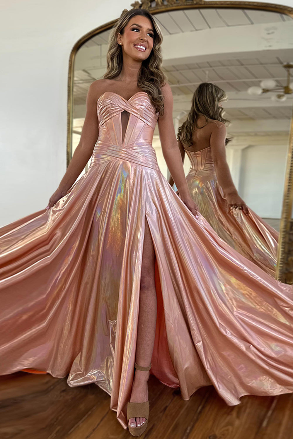 Dreamyannie Metallic Pink Prom Dress Sweetheart Long Formal Dress With Slit