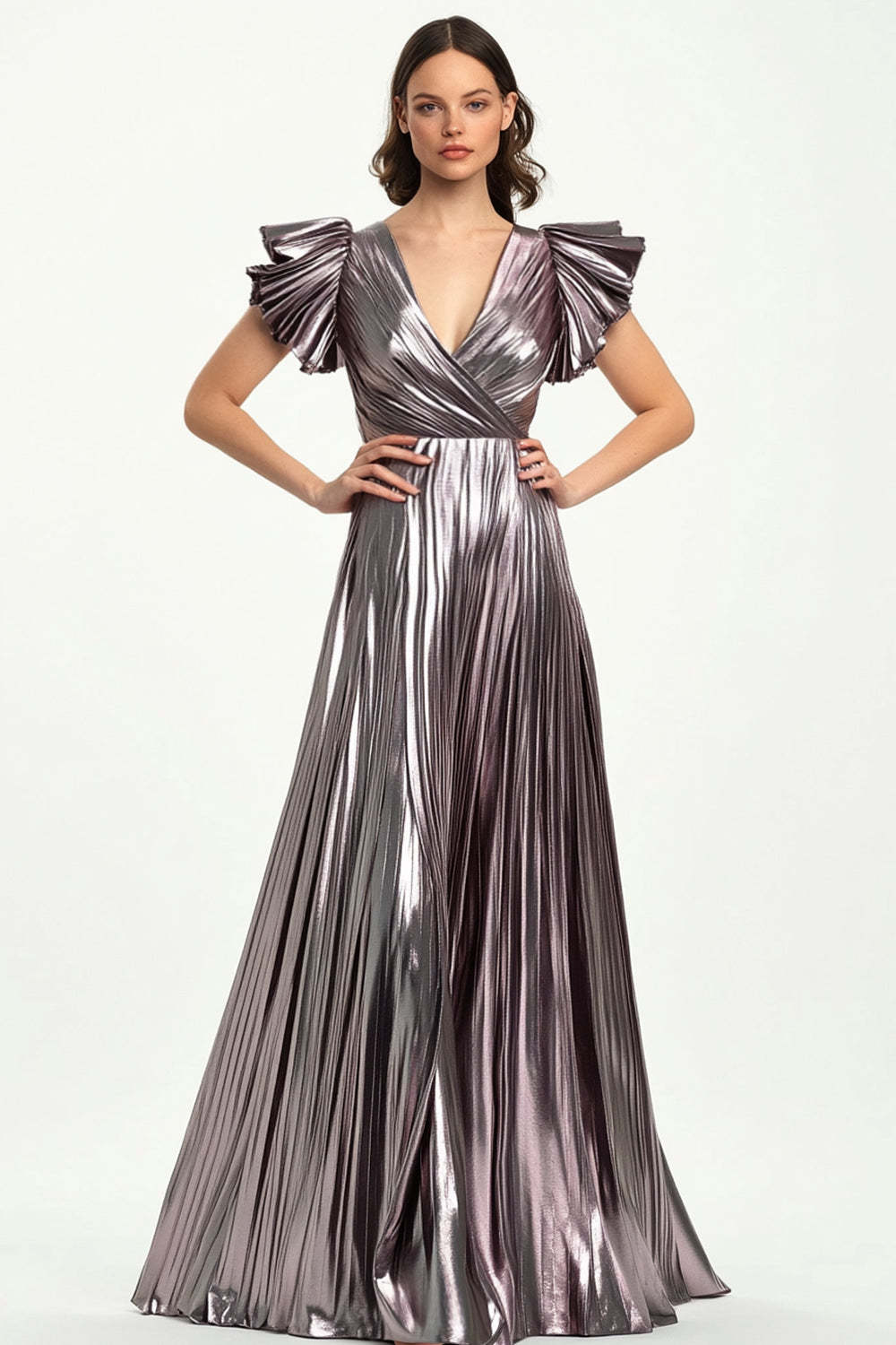 Dreamyannie Metallic Taro Purple Wedding Guest Dress Pleated Formal Dress With Short Ruffled Sleeves