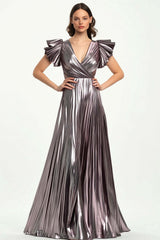 Dreamyannie Metallic Taro Purple Wedding Guest Dress Pleated Formal Dress With Short Ruffled Sleeves