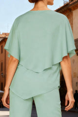 Dreamyannie Mint Green Chiffon Bateau Neck 2 Piece Mother Of The Bride Pant Suits With Sleeves
