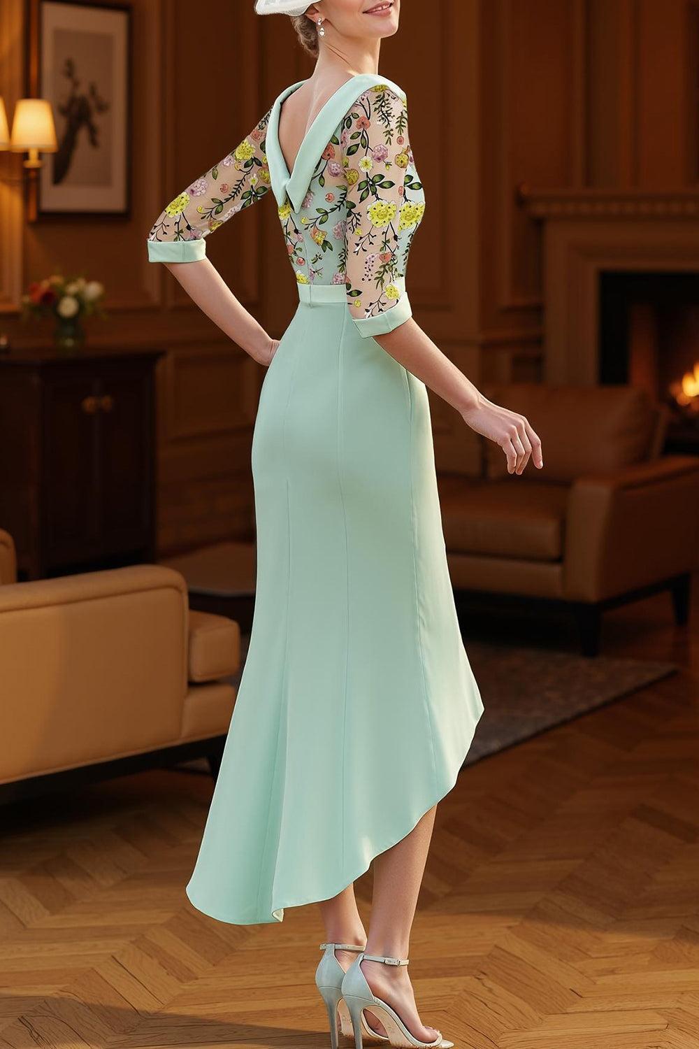 Dreamyannie Mint Green Floral Mermaid High Low Mother Of The Bride Dress With Sleeves