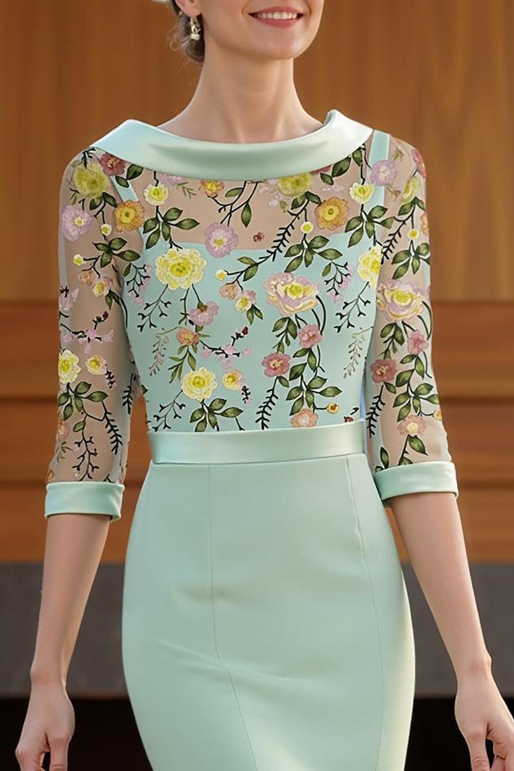 Dreamyannie Mint Green Floral Mermaid High Low Mother Of The Bride Dress With Sleeves