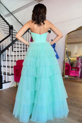 Dreamyannie Mint Prom Dress A-Line Sweetheart Tiered Long Evening Dress With Slit