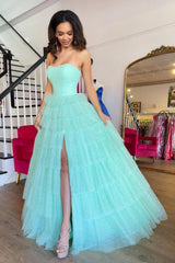 Dreamyannie Mint Prom Dress A-Line Sweetheart Tiered Long Evening Dress With Slit
