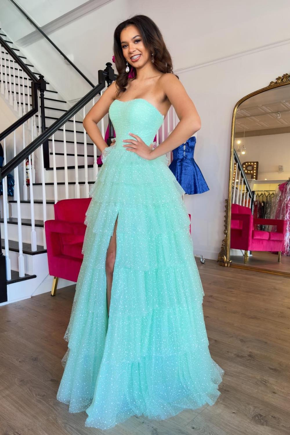 Dreamyannie Mint Prom Dress A-Line Sweetheart Tiered Long Evening Dress With Slit
