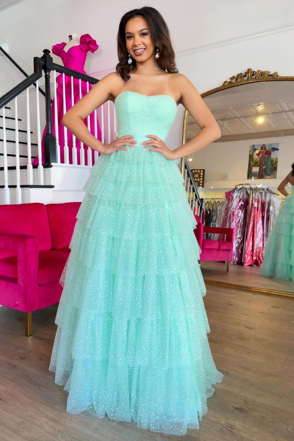 Dreamyannie Mint Prom Dress A-Line Sweetheart Tiered Long Evening Dress With Slit