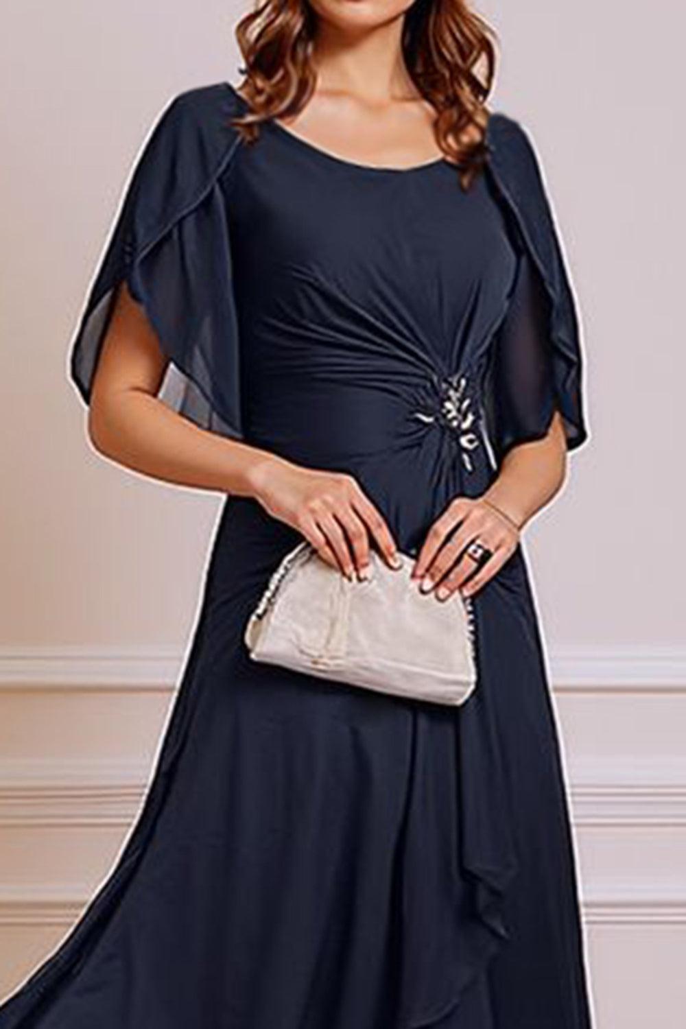 Dreamyannie Navy A Line Ruched Round Neck Tea Length Mother Of The Bride Dress With Ruffles
