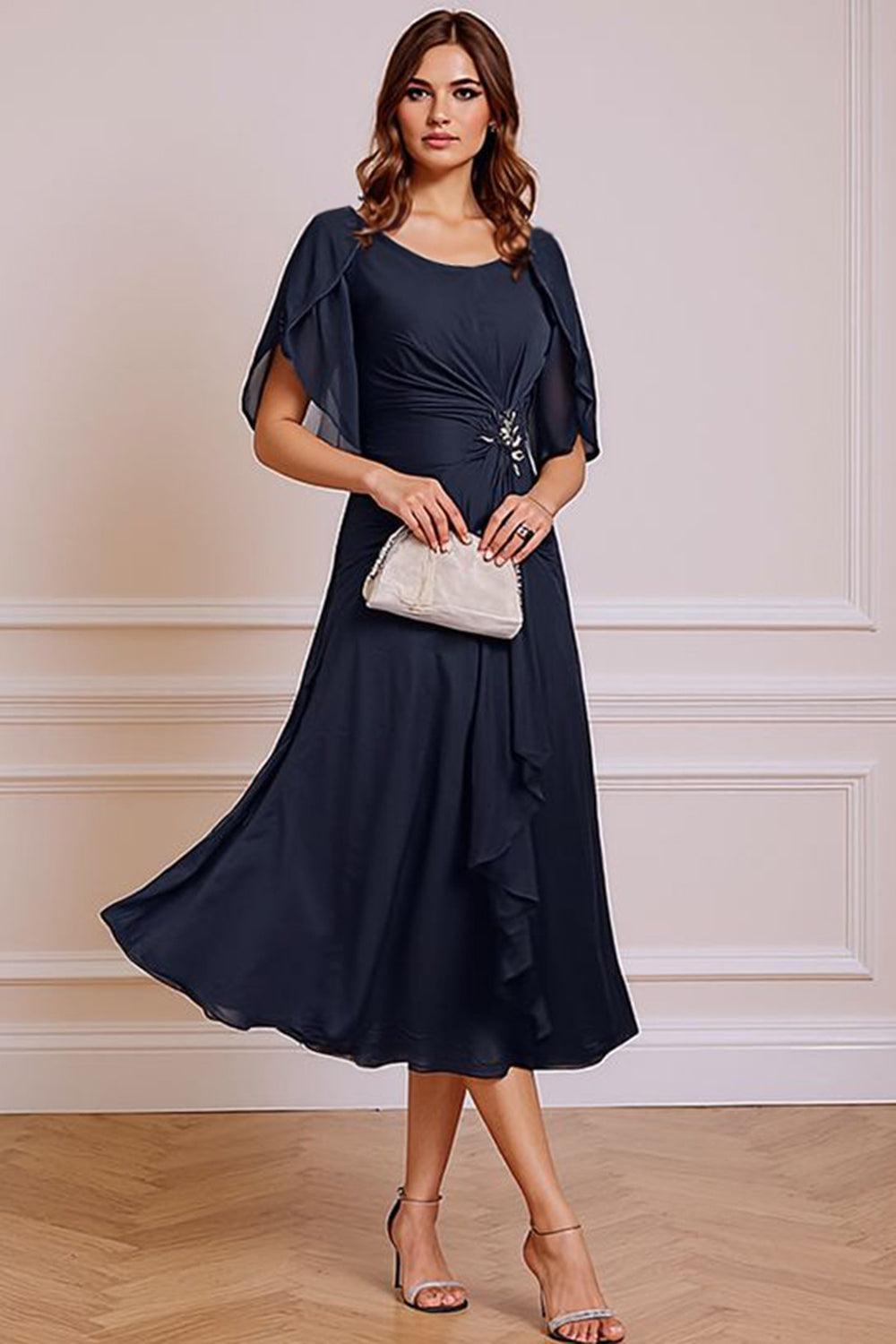 Dreamyannie Navy A Line Ruched Round Neck Tea Length Mother Of The Bride Dress With Ruffles