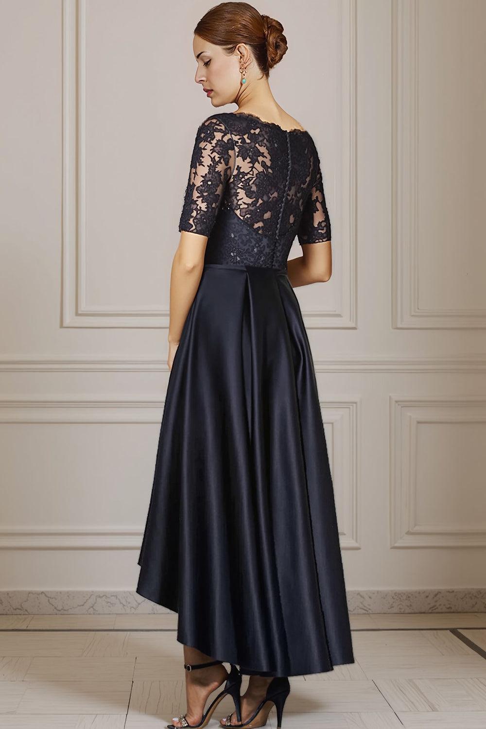 Dreamyannie Navy Bateau Neck Beaded High Low Mother Of The Bride Dress With Bow
