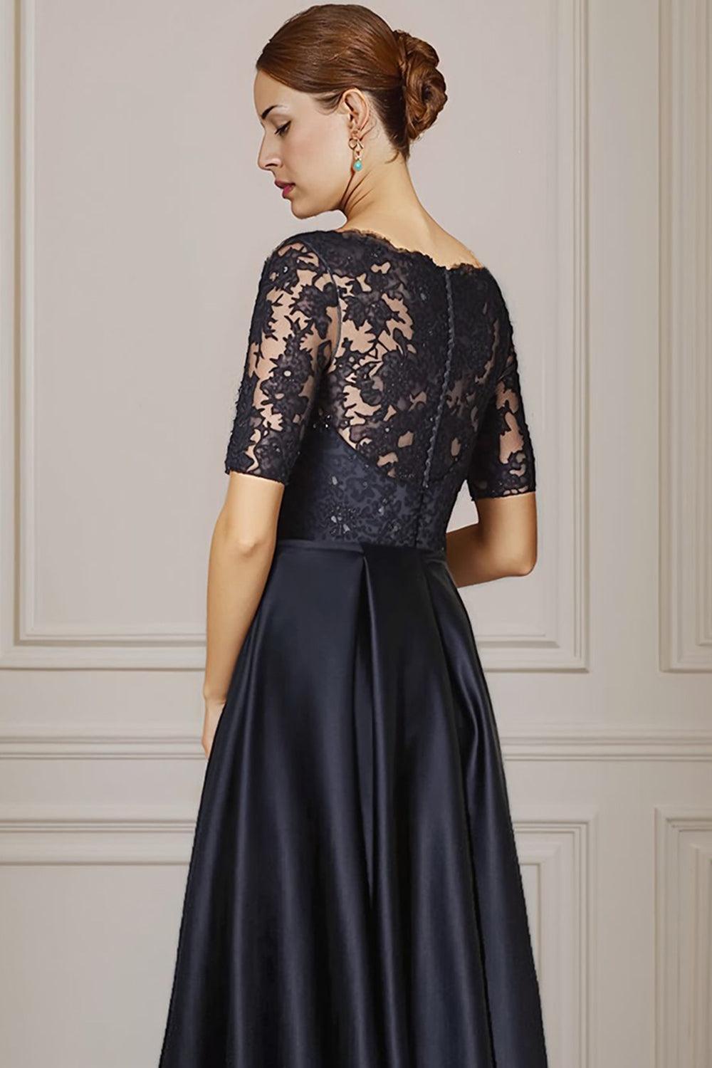 Dreamyannie Navy Bateau Neck Beaded High Low Mother Of The Bride Dress With Bow