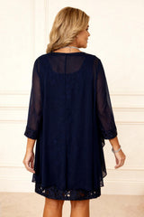 Dreamyannie Navy Beaded Round Neck Short 2 Piece Mother Of The Bride Dress With Jacket