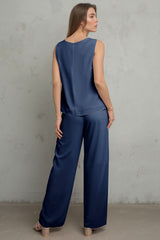 Dreamyannie Navy Boat Neck 3 Piece Mother Of The Bride Pant Suits With Jacket