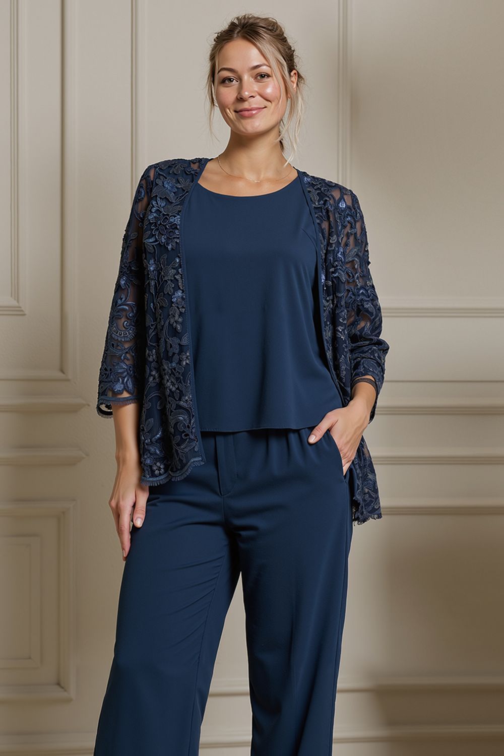 Dreamyannie Navy Boat Neck 3 Piece Mother Of The Bride Pant Suits With Jacket