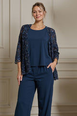 Dreamyannie Navy Boat Neck 3 Piece Mother Of The Bride Pant Suits With Jacket