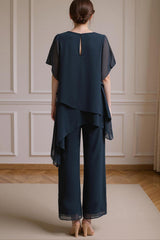 Dreamyannie Navy Boat Neck Chiffon 2 Piece Mother Of The Bride Pant Suits With Sleeves