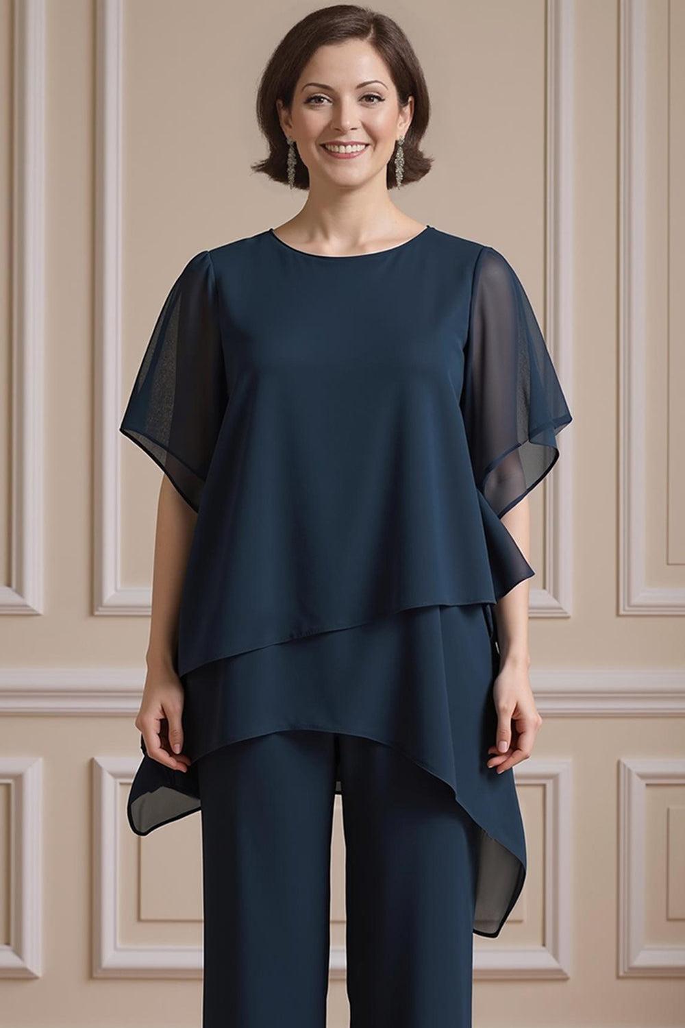 Dreamyannie Navy Boat Neck Chiffon 2 Piece Mother Of The Bride Pant Suits With Sleeves