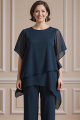 Dreamyannie Navy Boat Neck Chiffon 2 Piece Mother Of The Bride Pant Suits With Sleeves
