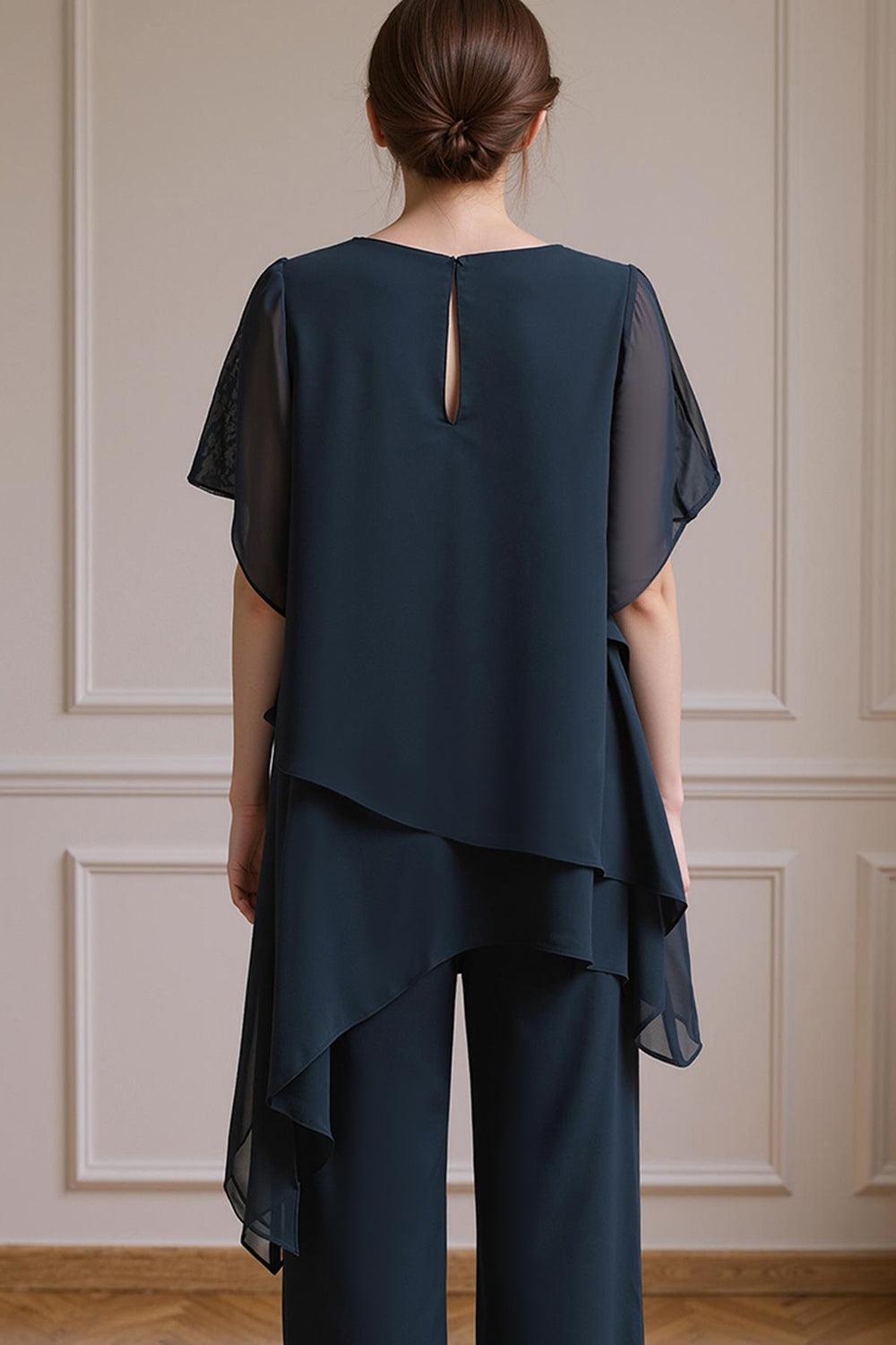 Dreamyannie Navy Boat Neck Chiffon 2 Piece Mother Of The Bride Pant Suits With Sleeves