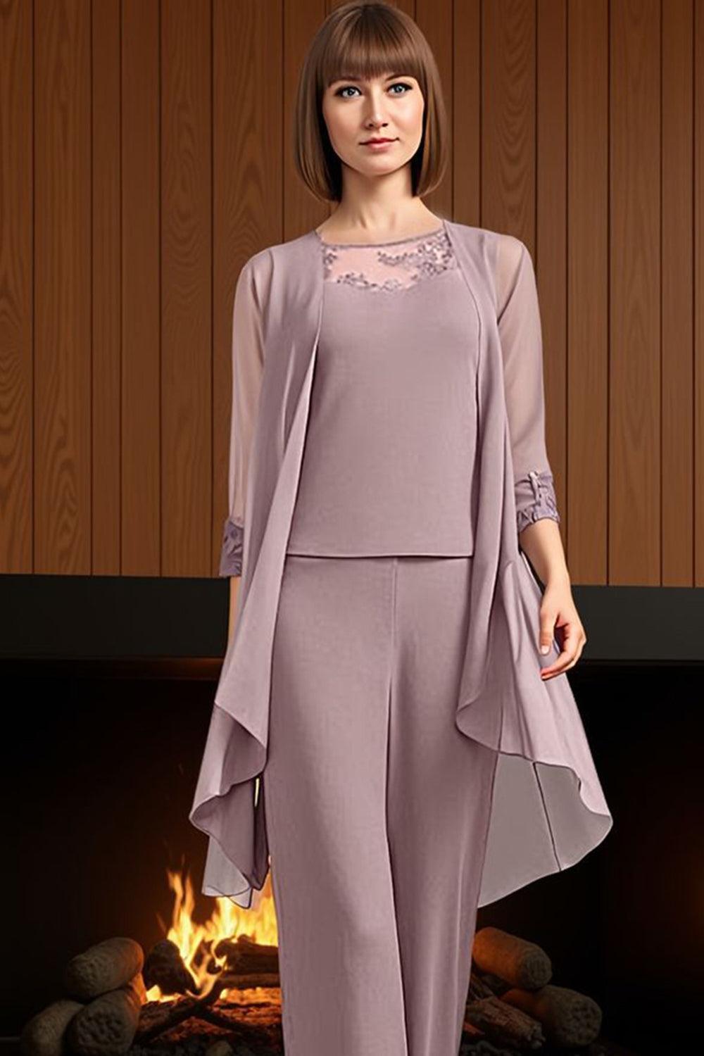 Dreamyannie Navy Boat Neck Chiffon 3 Piece Mother Of The Bride Pant Suits With Jacket