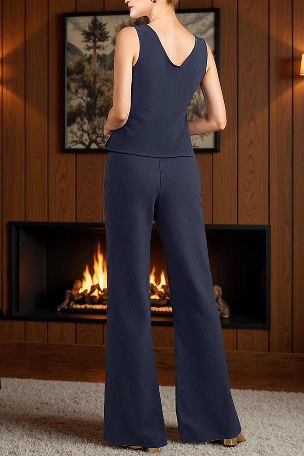 Dreamyannie Navy Boat Neck Chiffon 3 Piece Mother Of The Bride Pant Suits With Jacket