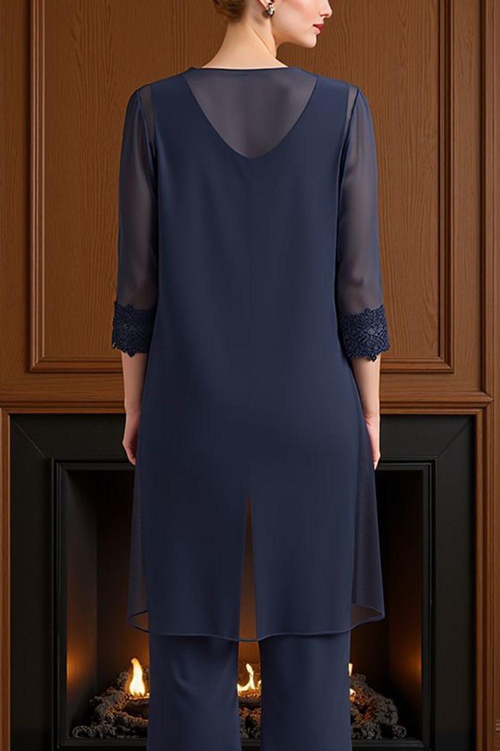 Dreamyannie Navy Boat Neck Chiffon 3 Piece Mother Of The Bride Pant Suits With Jacket